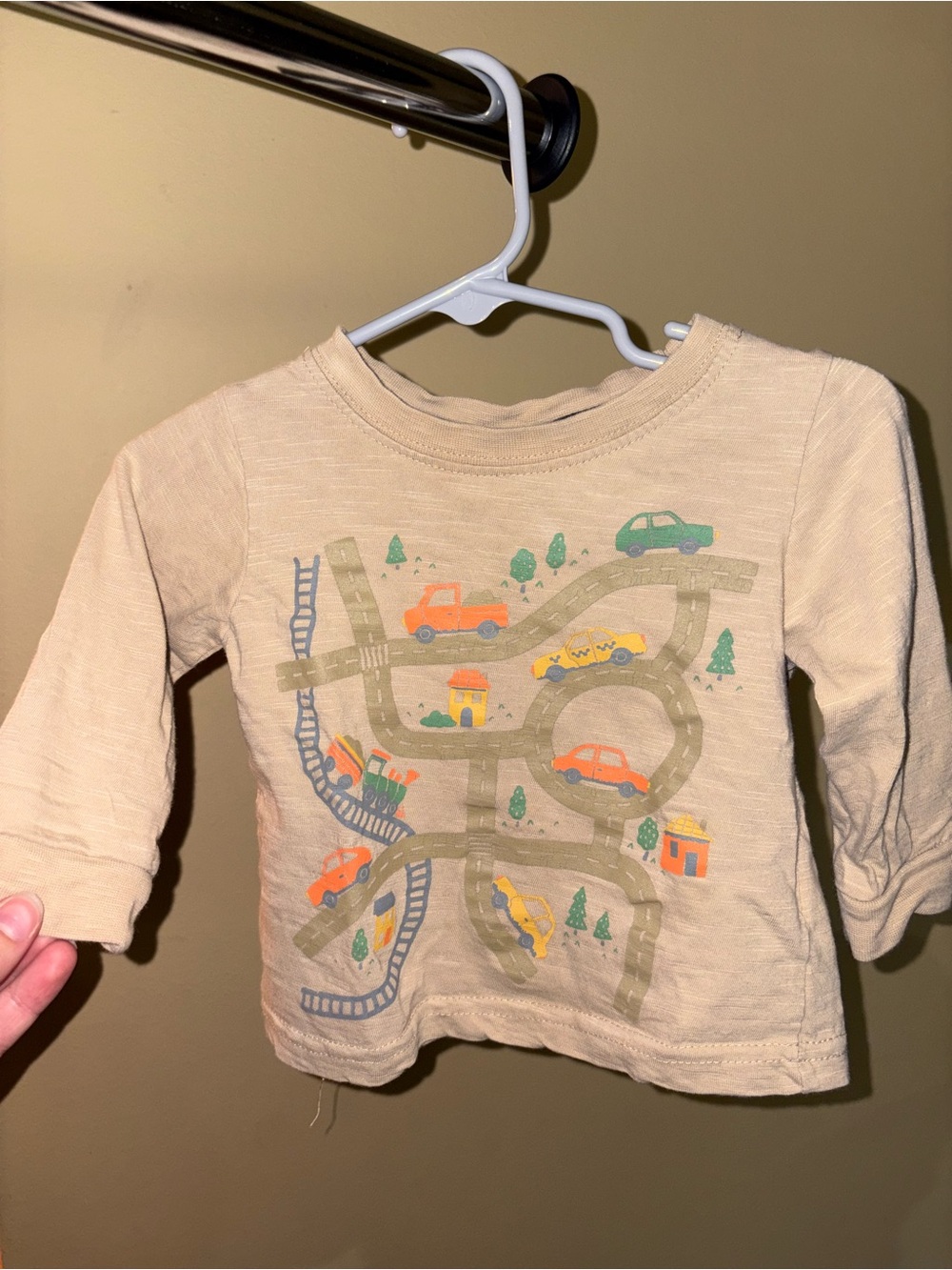 Organic Cotton Mini Bambi Beige Long Sleeve Top with Colorful Road & Car Print